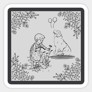 child picking flowers with a dog Sticker